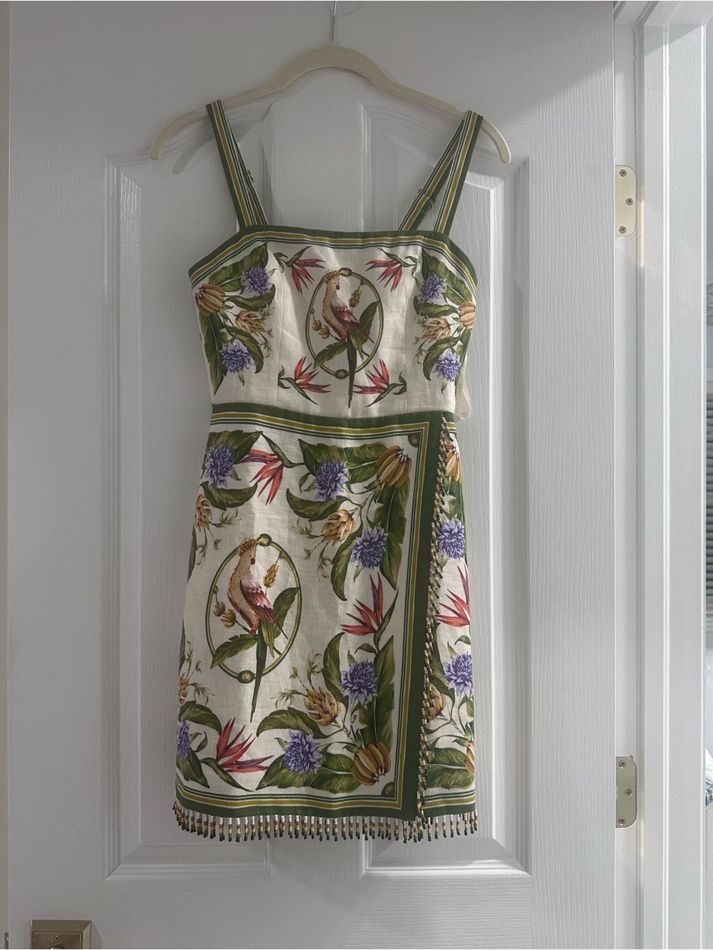 FARM Rio Cream Sundress with Green Trim and Multicolor Bird Print